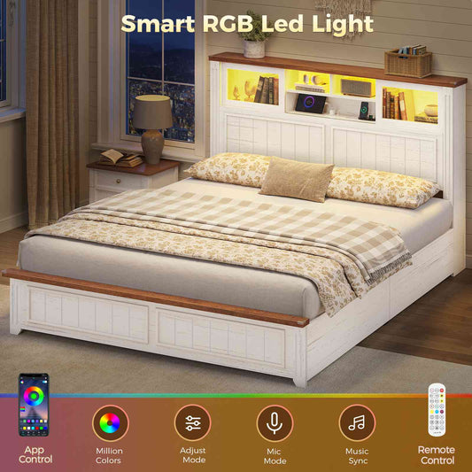 AOGLLATI Full Size Bed Frame with 4 Drawers and 3-Tier Hidden Headboard LED Wooden Bed Frame with Acrylic Sliding Door and Charging Station