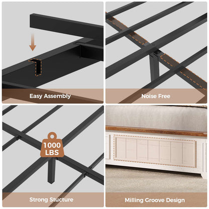 AOGLLATI Queen Bed Frame with 3-Tier Storage Hidden Headboard and 4 Drawers LED Wooden Bed Frame with Sliding Acrylic Door and Charging Station