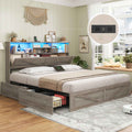 AOGLLATI Full Size Bed Frame with Storage Bookcase Headboard and 4 Drawers Wooden Farmhouse Led Bed Frame with Charging Station and Metal Slats