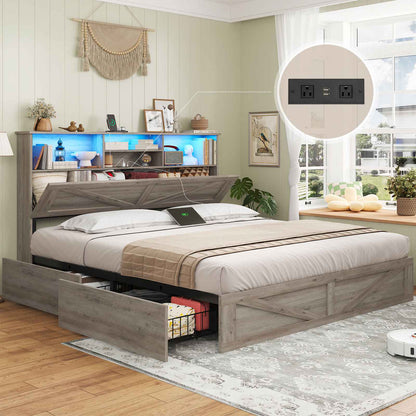 AOGLLATI Full Size Bed Frame with Storage Bookcase Headboard and 4 Drawers Wooden Farmhouse Led Bed Frame with Charging Station and Metal Slats
