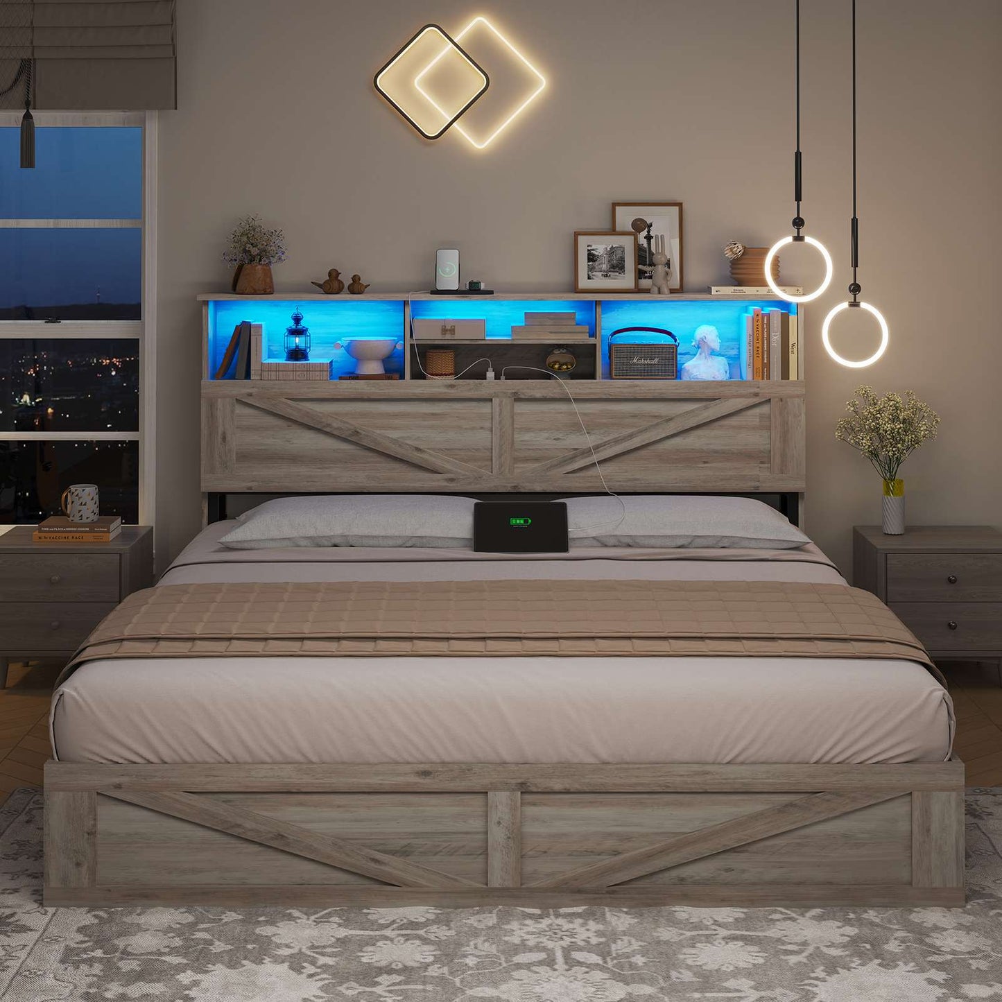 AOGLLATI Full Size Bed Frame with Storage Bookcase Headboard and 4 Drawers Wooden Farmhouse Led Bed Frame with Charging Station and Metal Slats