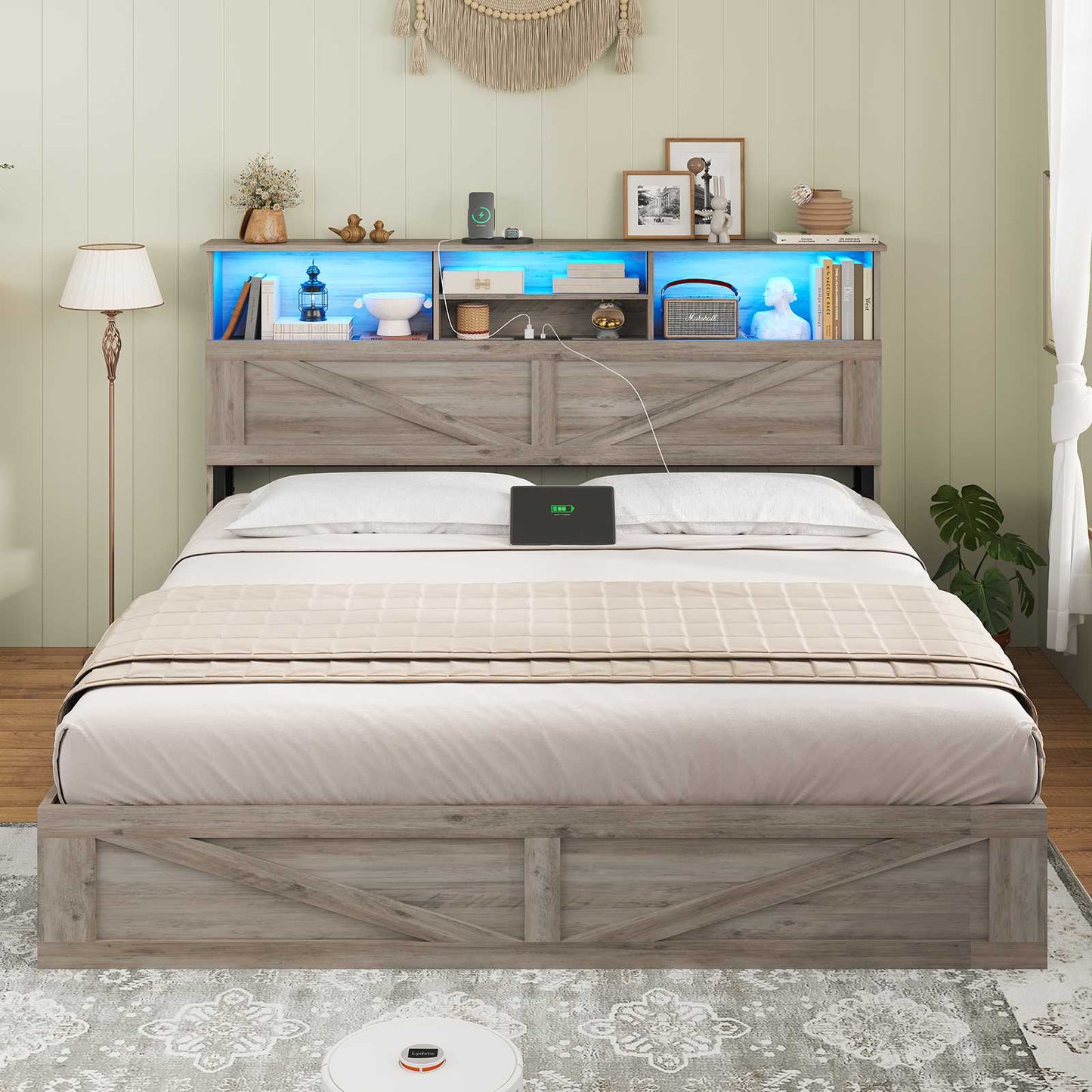 AOGLLATI Full Size Bed Frame with Storage Bookcase Headboard and 4 Drawers Wooden Farmhouse Led Bed Frame with Charging Station and Metal Slats