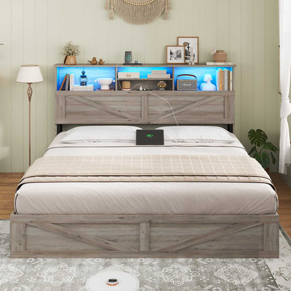 AOGLLATI Full Size Bed Frame with Storage Bookcase Headboard and 4 Drawers Wooden Farmhouse Led Bed Frame with Charging Station and Metal Slats