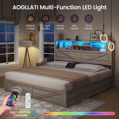 AOGLLATI Full Size Bed Frame with Storage Bookcase Headboard and 4 Drawers Wooden Farmhouse Led Bed Frame with Charging Station and Metal Slats