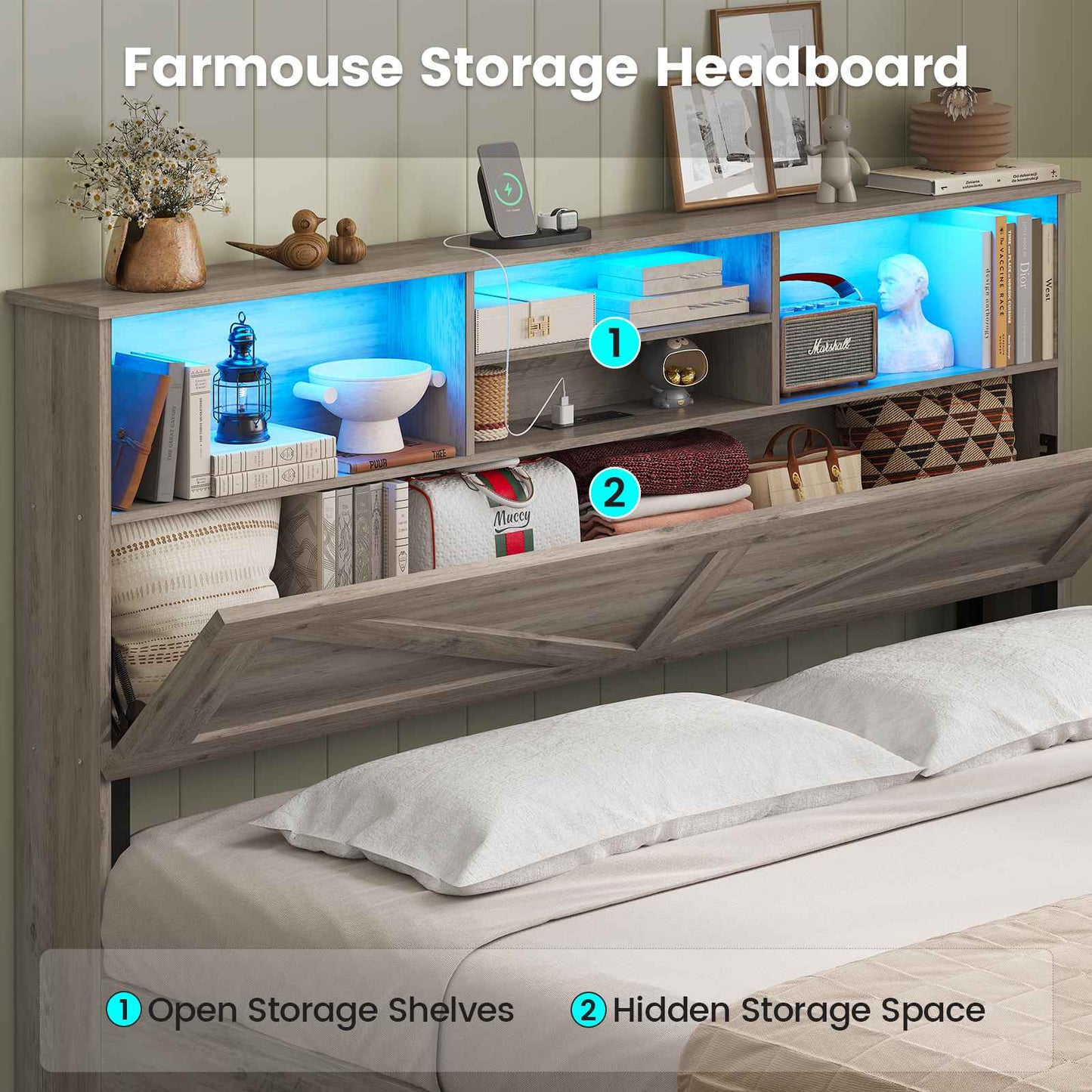 AOGLLATI Full Size Bed Frame with Storage Bookcase Headboard and 4 Drawers Wooden Farmhouse Led Bed Frame with Charging Station and Metal Slats