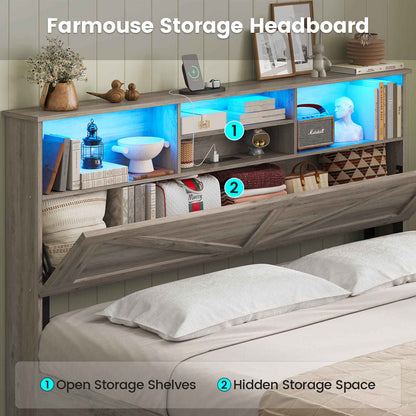 AOGLLATI Full Size Bed Frame with Storage Bookcase Headboard and 4 Drawers Wooden Farmhouse Led Bed Frame with Charging Station and Metal Slats