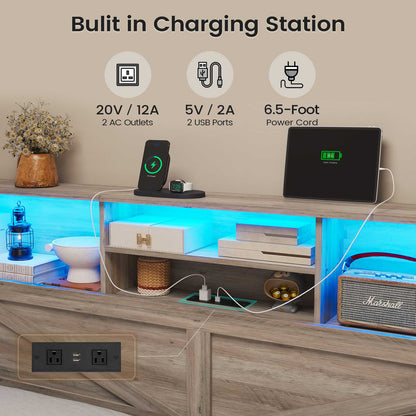 AOGLLATI Full Size Bed Frame with Storage Bookcase Headboard and 4 Drawers Wooden Farmhouse Led Bed Frame with Charging Station and Metal Slats