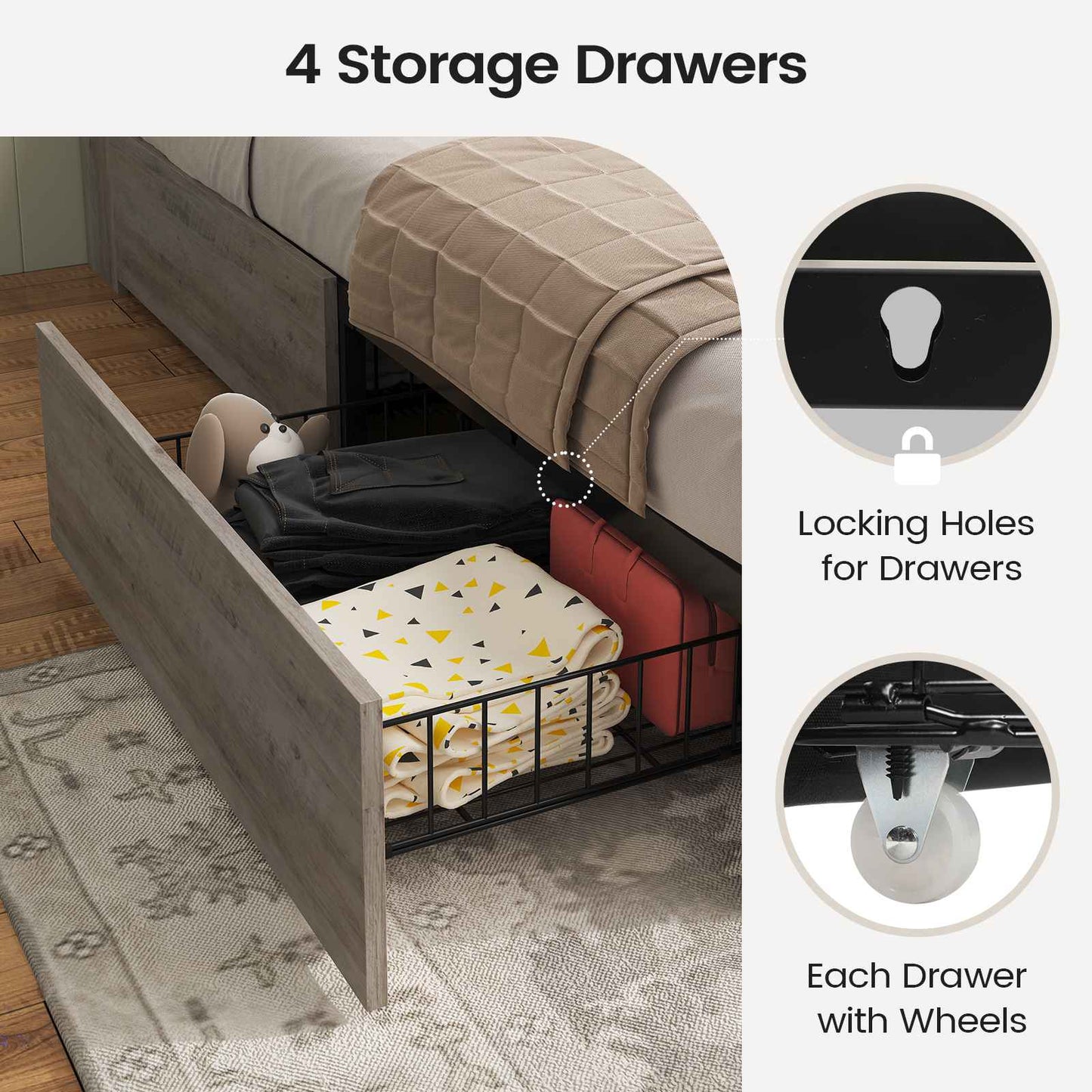 AOGLLATI Full Size Bed Frame with Storage Bookcase Headboard and 4 Drawers Wooden Farmhouse Led Bed Frame with Charging Station and Metal Slats