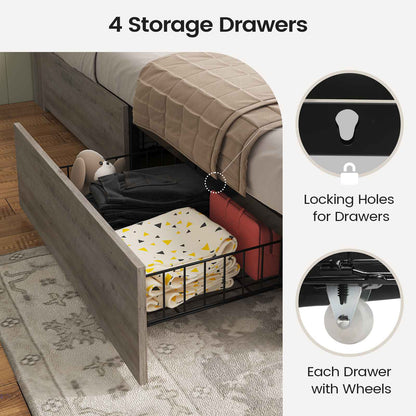 AOGLLATI Full Size Bed Frame with Storage Bookcase Headboard and 4 Drawers Wooden Farmhouse Led Bed Frame with Charging Station and Metal Slats