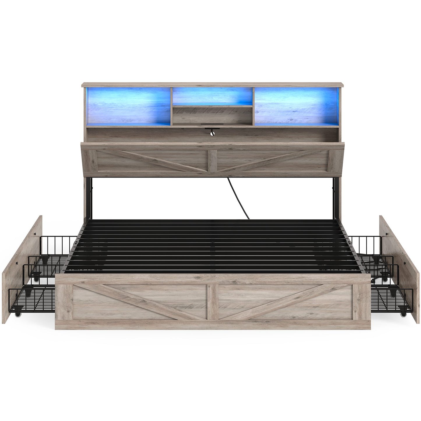 AOGLLATI Full Size Bed Frame with Storage Bookcase Headboard and 4 Drawers Wooden Farmhouse Led Bed Frame with Charging Station and Metal Slats