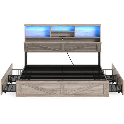 AOGLLATI Full Size Bed Frame with Storage Bookcase Headboard and 4 Drawers Wooden Farmhouse Led Bed Frame with Charging Station and Metal Slats