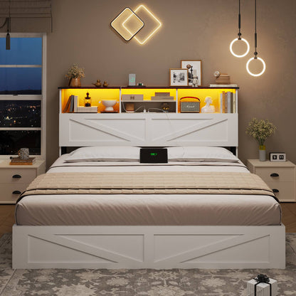 AOGLLATI Queen Bed Frame with Storage Bookcase Headboard and 4 Drawers Wooden Farmhouse Led Bed Frame with Charging Station and Metal Slats