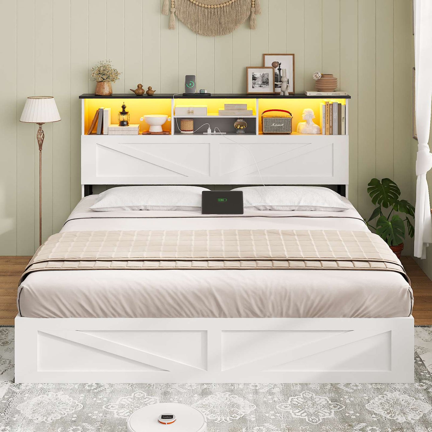 AOGLLATI Queen Bed Frame with Storage Bookcase Headboard and 4 Drawers Wooden Farmhouse Led Bed Frame with Charging Station and Metal Slats