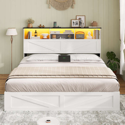 AOGLLATI Queen Bed Frame with Storage Bookcase Headboard and 4 Drawers Wooden Farmhouse Led Bed Frame with Charging Station and Metal Slats