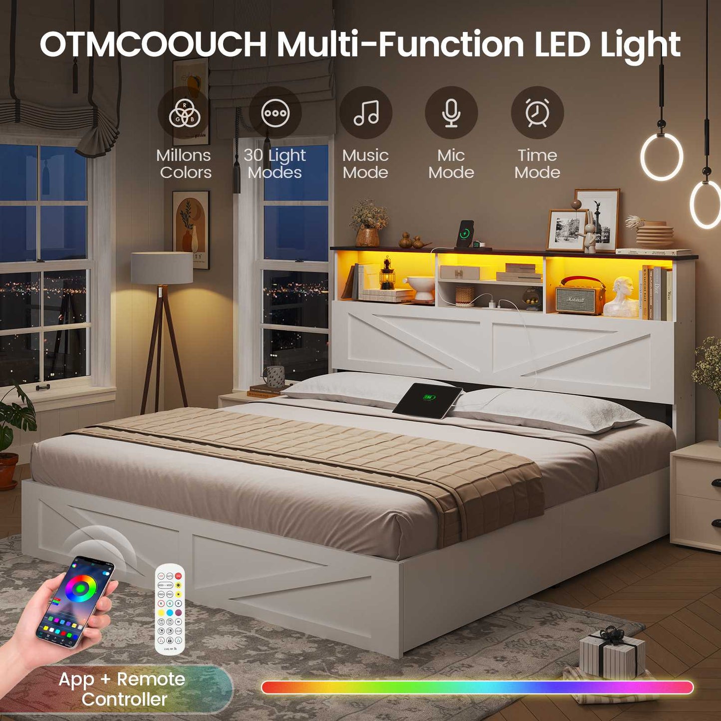 AOGLLATI Queen Bed Frame with Storage Bookcase Headboard and 4 Drawers Wooden Farmhouse Led Bed Frame with Charging Station and Metal Slats