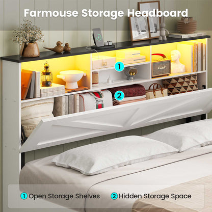 AOGLLATI Queen Bed Frame with Storage Bookcase Headboard and 4 Drawers Wooden Farmhouse Led Bed Frame with Charging Station and Metal Slats