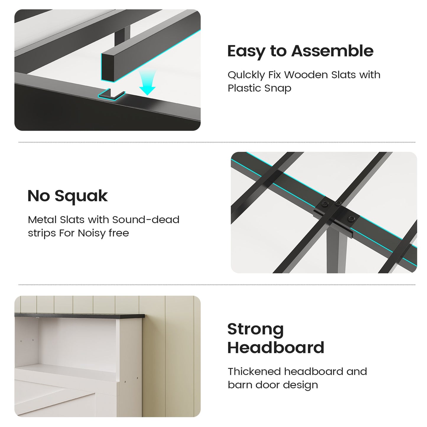 AOGLLATI Queen Bed Frame with Storage Bookcase Headboard and 4 Drawers Wooden Farmhouse Led Bed Frame with Charging Station and Metal Slats