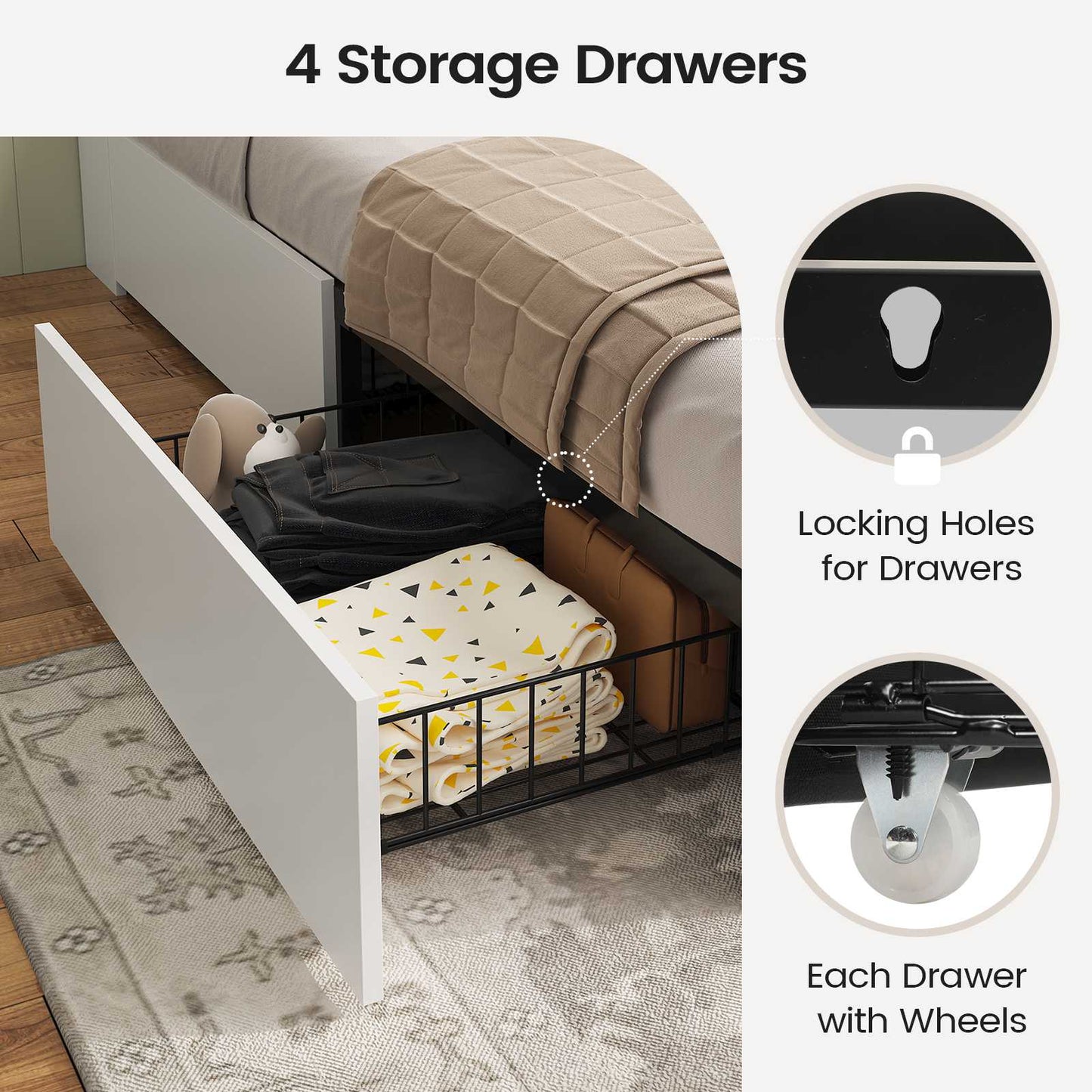 AOGLLATI Queen Bed Frame with Storage Bookcase Headboard and 4 Drawers Wooden Farmhouse Led Bed Frame with Charging Station and Metal Slats
