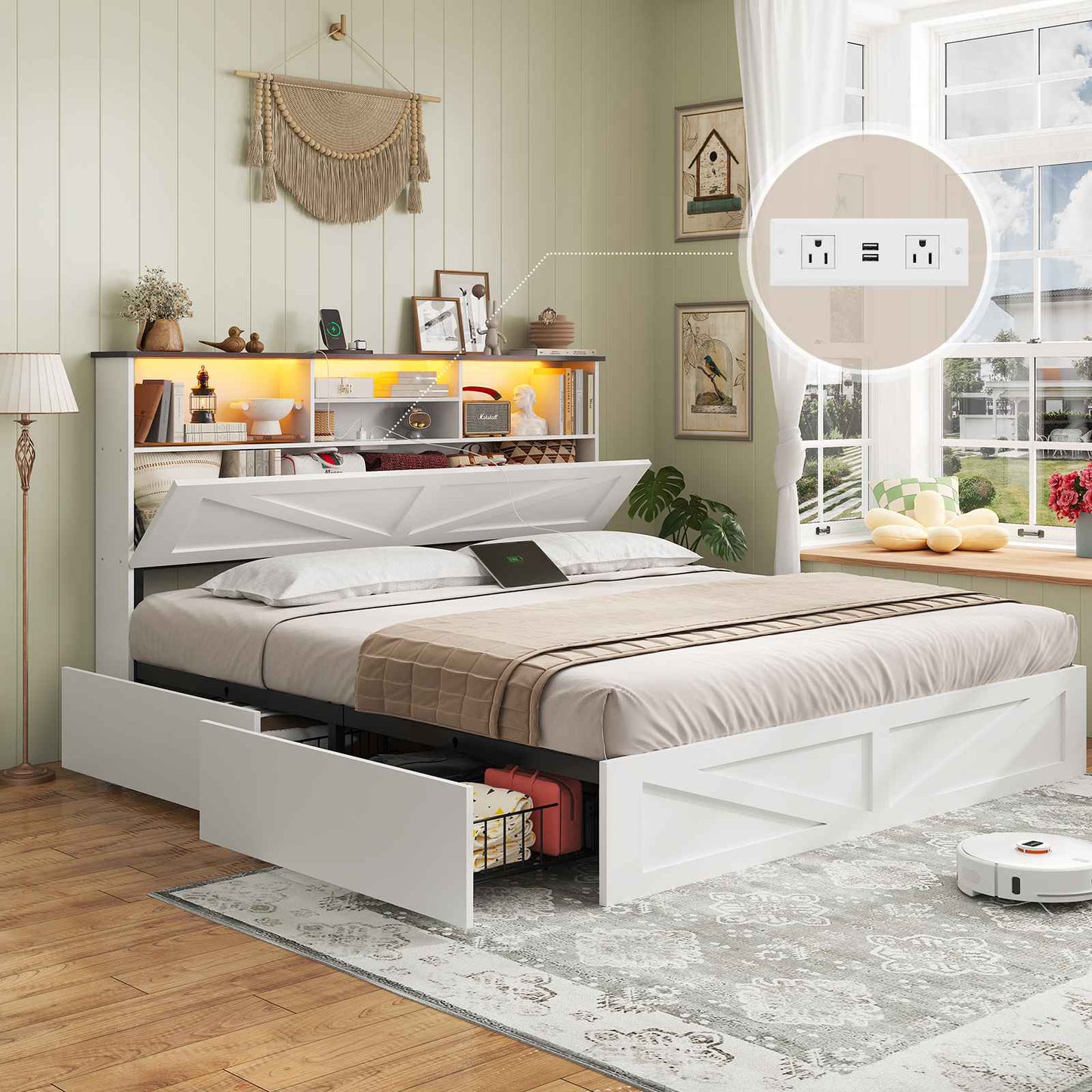AOGLLATI Queen Bed Frame with Storage Bookcase Headboard and 4 Drawers Wooden Farmhouse Led Bed Frame with Charging Station and Metal Slats