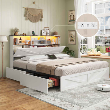AOGLLATI Queen Bed Frame with Storage Bookcase Headboard and 4 Drawers Wooden Farmhouse Led Bed Frame with Charging Station and Metal Slats