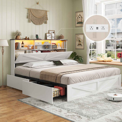 AOGLLATI Queen Bed Frame with Storage Bookcase Headboard and 4 Drawers Wooden Farmhouse Led Bed Frame with Charging Station and Metal Slats