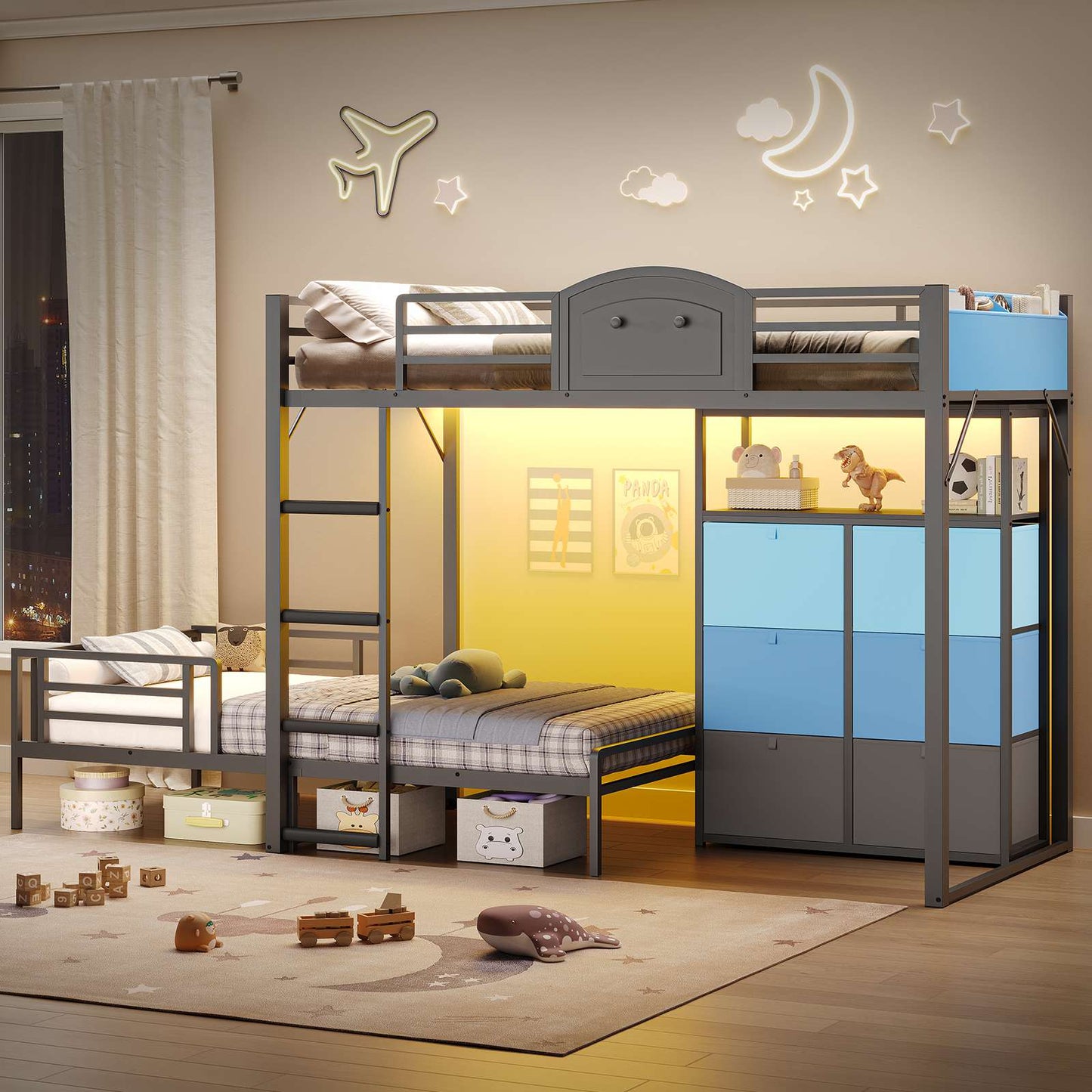 AOGLLATI Bunk Bed with 6 Storage Drawers and Bedside Storage for Kids Teens Metal Led Loft Bed Twin Over Twin with Safety Guardrails for Small Space