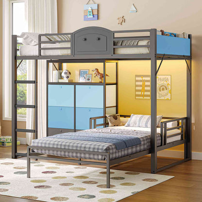 AOGLLATI Bunk Bed with 6 Storage Drawers and Bedside Storage for Kids Teens Metal Led Loft Bed Twin Over Twin with Safety Guardrails for Small Space