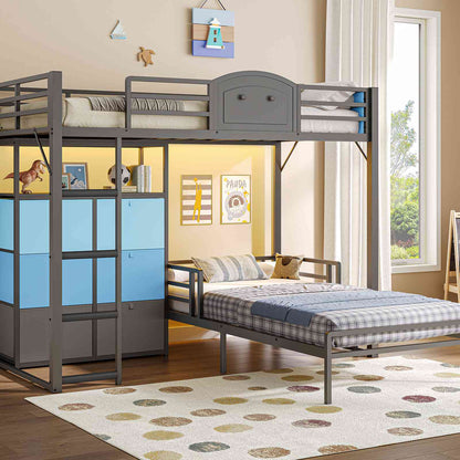 AOGLLATI Bunk Bed with 6 Storage Drawers and Bedside Storage for Kids Teens Metal Led Loft Bed Twin Over Twin with Safety Guardrails for Small Space