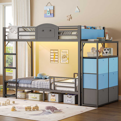 AOGLLATI Bunk Bed with 6 Storage Drawers and Bedside Storage for Kids Teens Metal Led Loft Bed Twin Over Twin with Safety Guardrails for Small Space