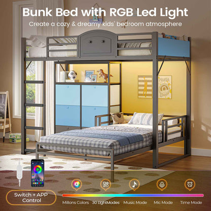 AOGLLATI Bunk Bed with 6 Storage Drawers and Bedside Storage for Kids Teens Metal Led Loft Bed Twin Over Twin with Safety Guardrails for Small Space