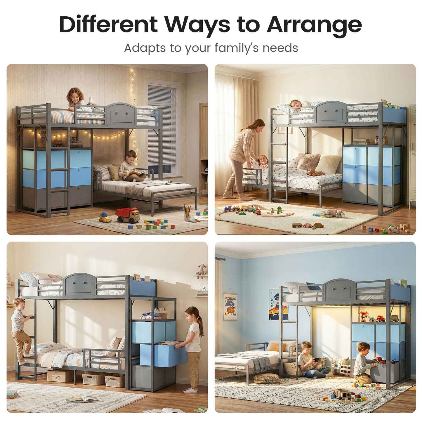 AOGLLATI Bunk Bed with 6 Storage Drawers and Bedside Storage for Kids Teens Metal Led Loft Bed Twin Over Twin with Safety Guardrails for Small Space