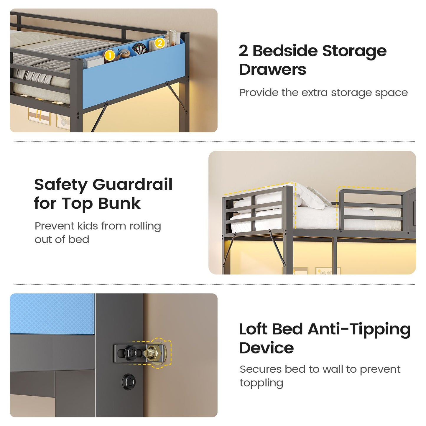 AOGLLATI Bunk Bed with 6 Storage Drawers and Bedside Storage for Kids Teens Metal Led Loft Bed Twin Over Twin with Safety Guardrails for Small Space