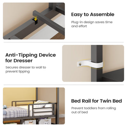AOGLLATI Bunk Bed with 6 Storage Drawers and Bedside Storage for Kids Teens Metal Led Loft Bed Twin Over Twin with Safety Guardrails for Small Space