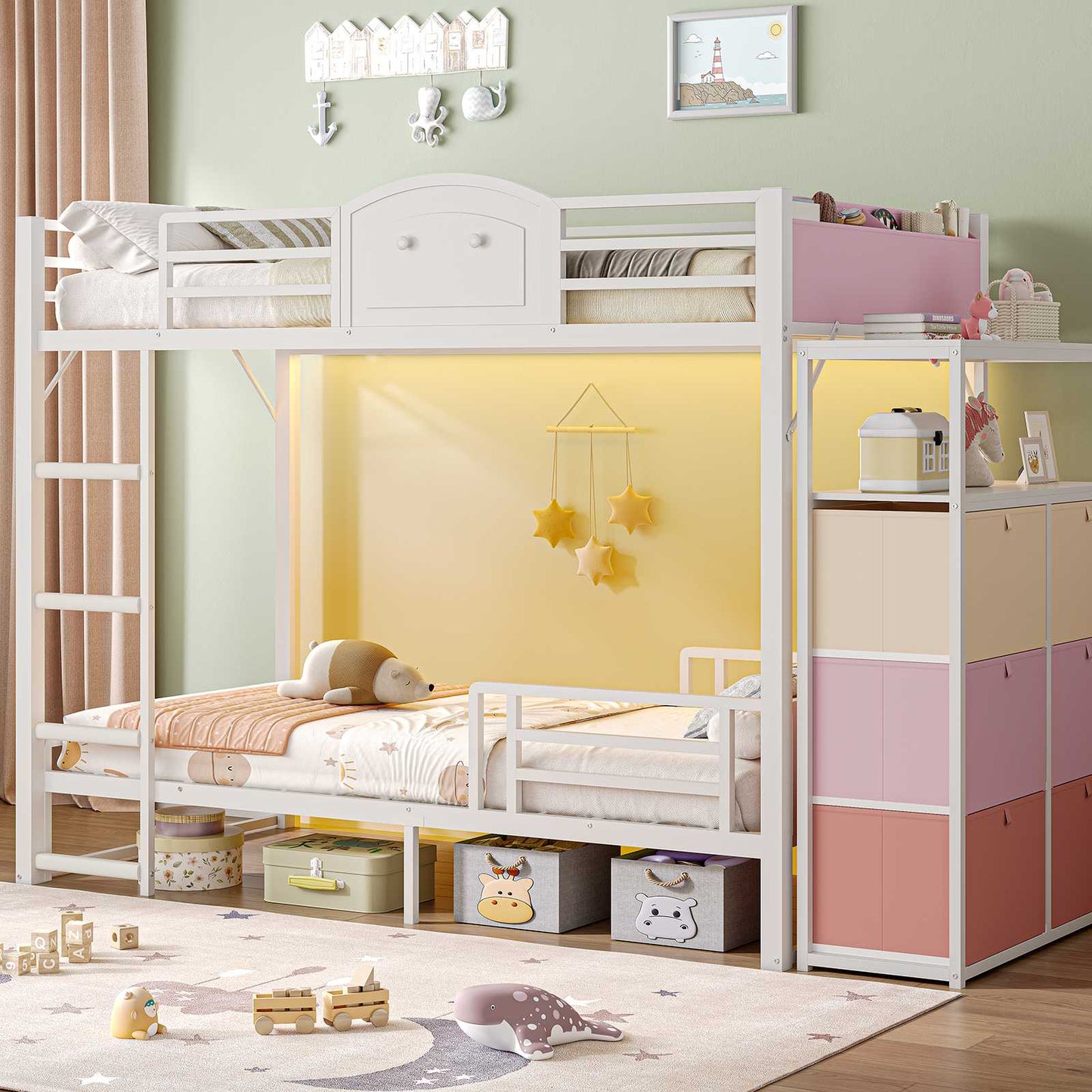 AOGLLATI Bunk Bed with 6 Storage Drawers and Bedside Storage for Kids Teens Metal Led Loft Bed Twin Over Twin with Safety Guardrails for Small Space