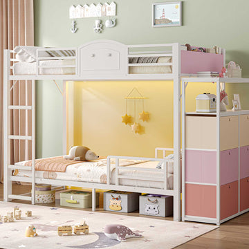 AOGLLATI Bunk Bed with 6 Storage Drawers and Bedside Storage for Kids Teens Metal Led Loft Bed Twin Over Twin with Safety Guardrails for Small Space