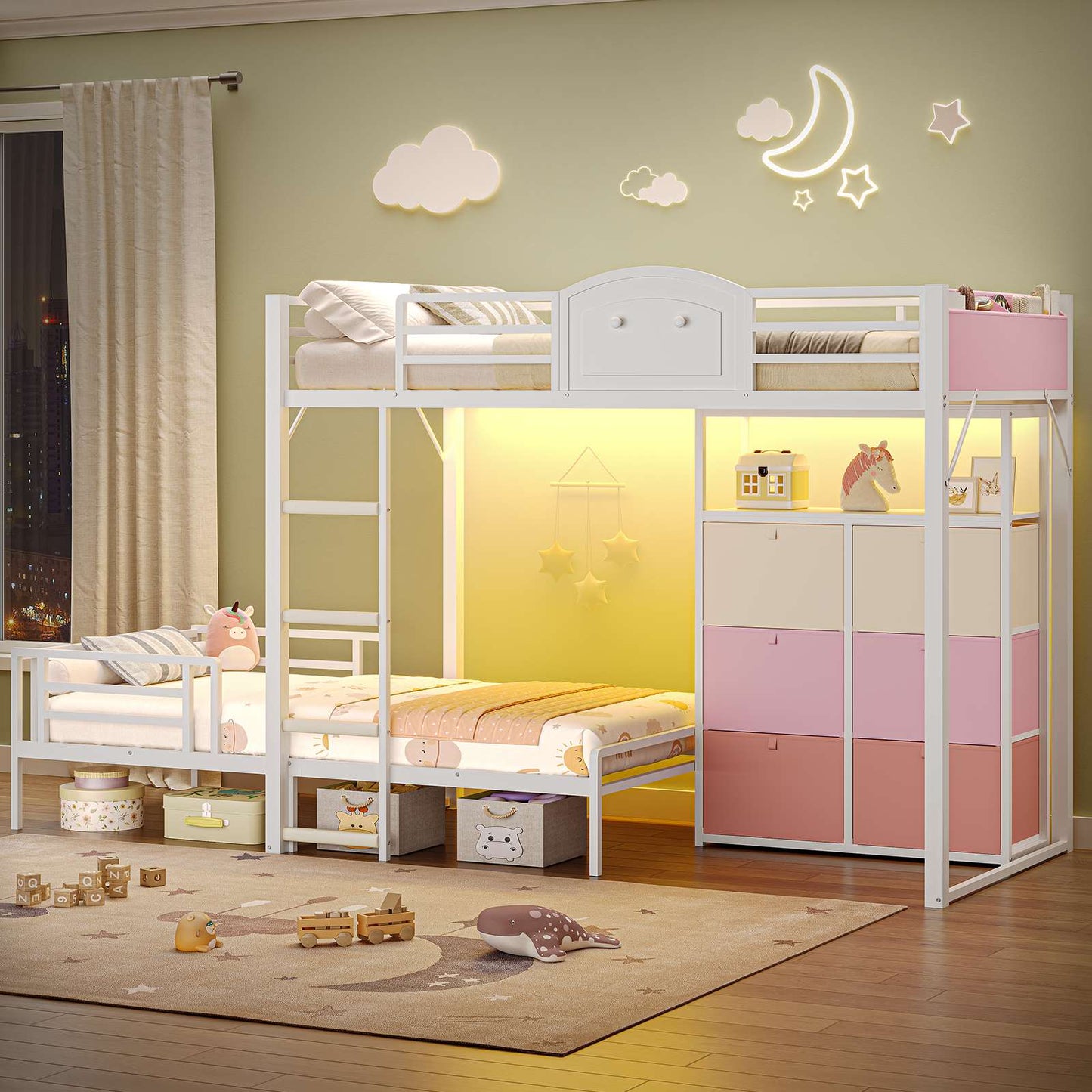 AOGLLATI Bunk Bed with 6 Storage Drawers and Bedside Storage for Kids Teens Metal Led Loft Bed Twin Over Twin with Safety Guardrails for Small Space
