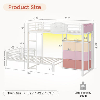 AOGLLATI Bunk Bed with 6 Storage Drawers and Bedside Storage for Kids Teens Metal Led Loft Bed Twin Over Twin with Safety Guardrails for Small Space