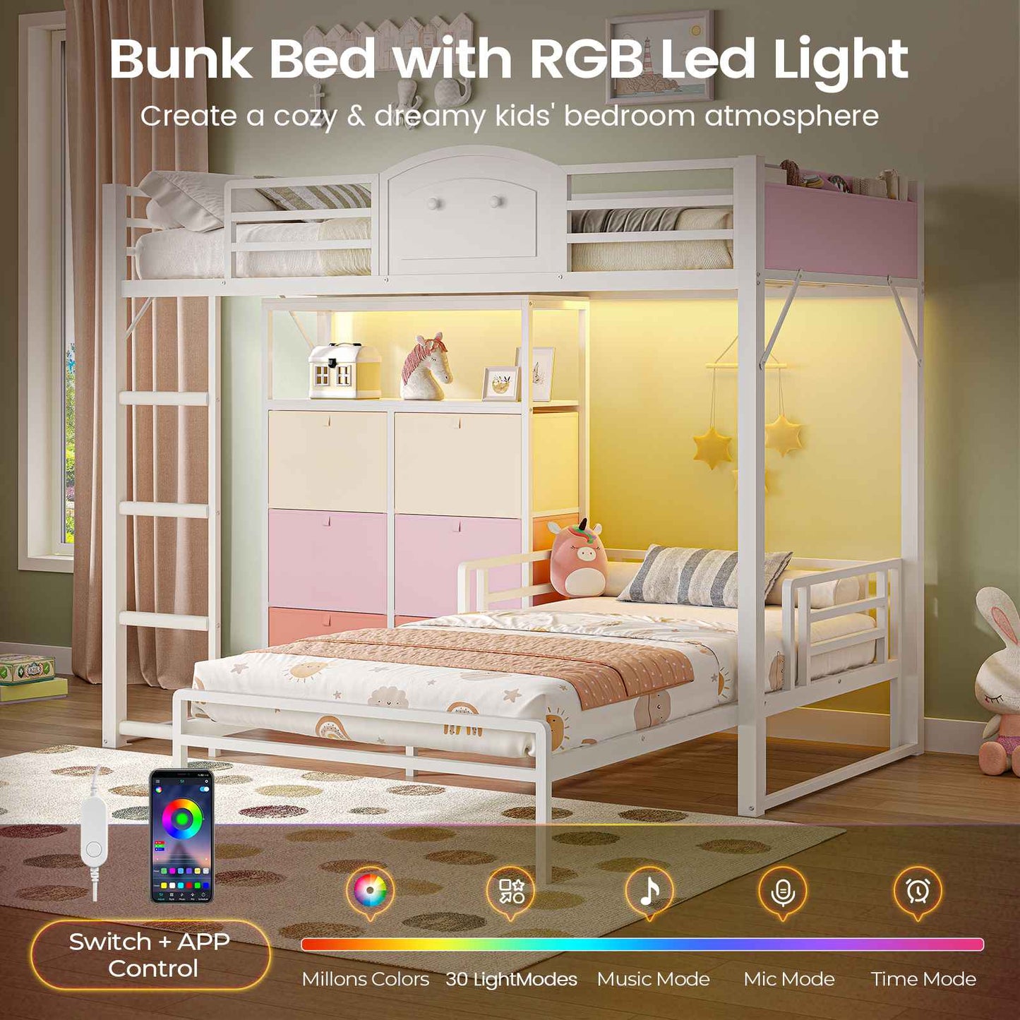 AOGLLATI Bunk Bed with 6 Storage Drawers and Bedside Storage for Kids Teens Metal Led Loft Bed Twin Over Twin with Safety Guardrails for Small Space