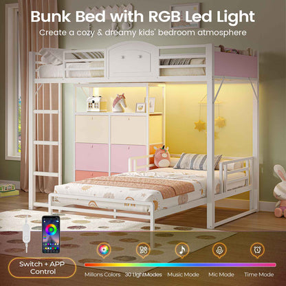 AOGLLATI Bunk Bed with 6 Storage Drawers and Bedside Storage for Kids Teens Metal Led Loft Bed Twin Over Twin with Safety Guardrails for Small Space