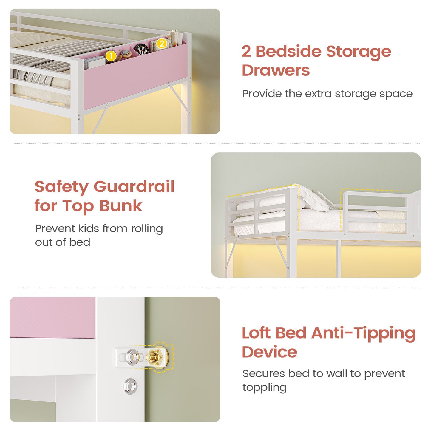 AOGLLATI Bunk Bed with 6 Storage Drawers and Bedside Storage for Kids Teens Metal Led Loft Bed Twin Over Twin with Safety Guardrails for Small Space