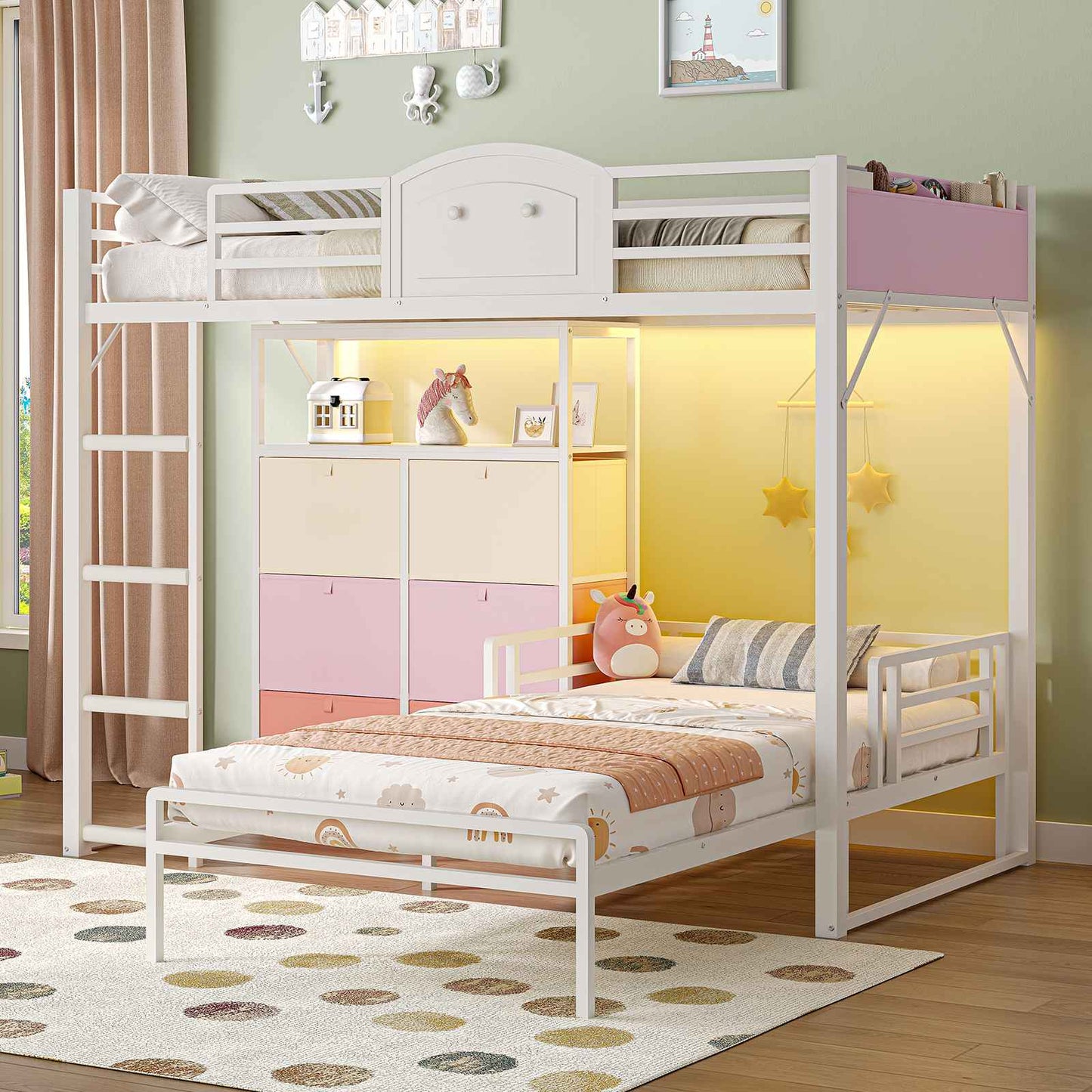 AOGLLATI Bunk Bed with 6 Storage Drawers and Bedside Storage for Kids Teens Metal Led Loft Bed Twin Over Twin with Safety Guardrails for Small Space