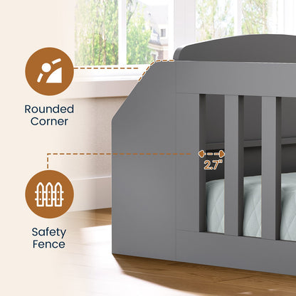 AOGLLATI Full Size Floor Wooden Montessori Bed Frame with 4 Fabric Drawers and Both Sides Bookshelves 2-Tier Side Shelf Side Pockets and Rails