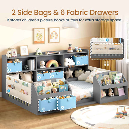 AOGLLATI Full Size Floor Wooden Montessori Bed Frame with 4 Fabric Drawers and Both Sides Bookshelves 2-Tier Side Shelf Side Pockets and Rails