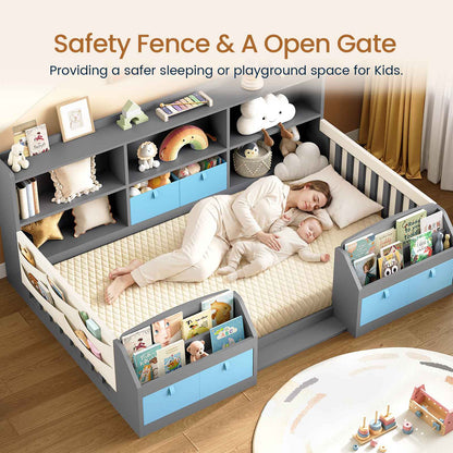 AOGLLATI Full Size Floor Wooden Montessori Bed Frame with 4 Fabric Drawers and Both Sides Bookshelves 2-Tier Side Shelf Side Pockets and Rails