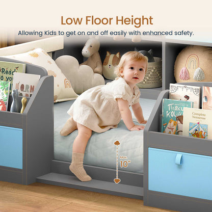 AOGLLATI Full Size Floor Wooden Montessori Bed Frame with 4 Fabric Drawers and Both Sides Bookshelves 2-Tier Side Shelf Side Pockets and Rails