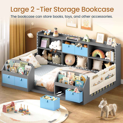 AOGLLATI Full Size Floor Wooden Montessori Bed Frame with 4 Fabric Drawers and Both Sides Bookshelves 2-Tier Side Shelf Side Pockets and Rails