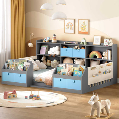 AOGLLATI Full Size Floor Wooden Montessori Bed Frame with 4 Fabric Drawers and Both Sides Bookshelves 2-Tier Side Shelf Side Pockets and Rails