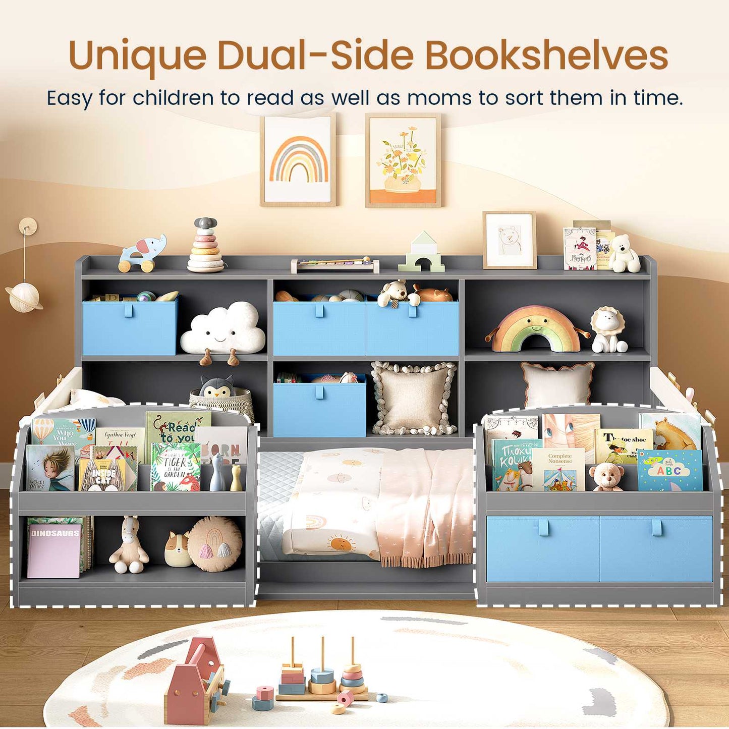 AOGLLATI Full Size Floor Wooden Montessori Bed Frame with 4 Fabric Drawers and Both Sides Bookshelves 2-Tier Side Shelf Side Pockets and Rails
