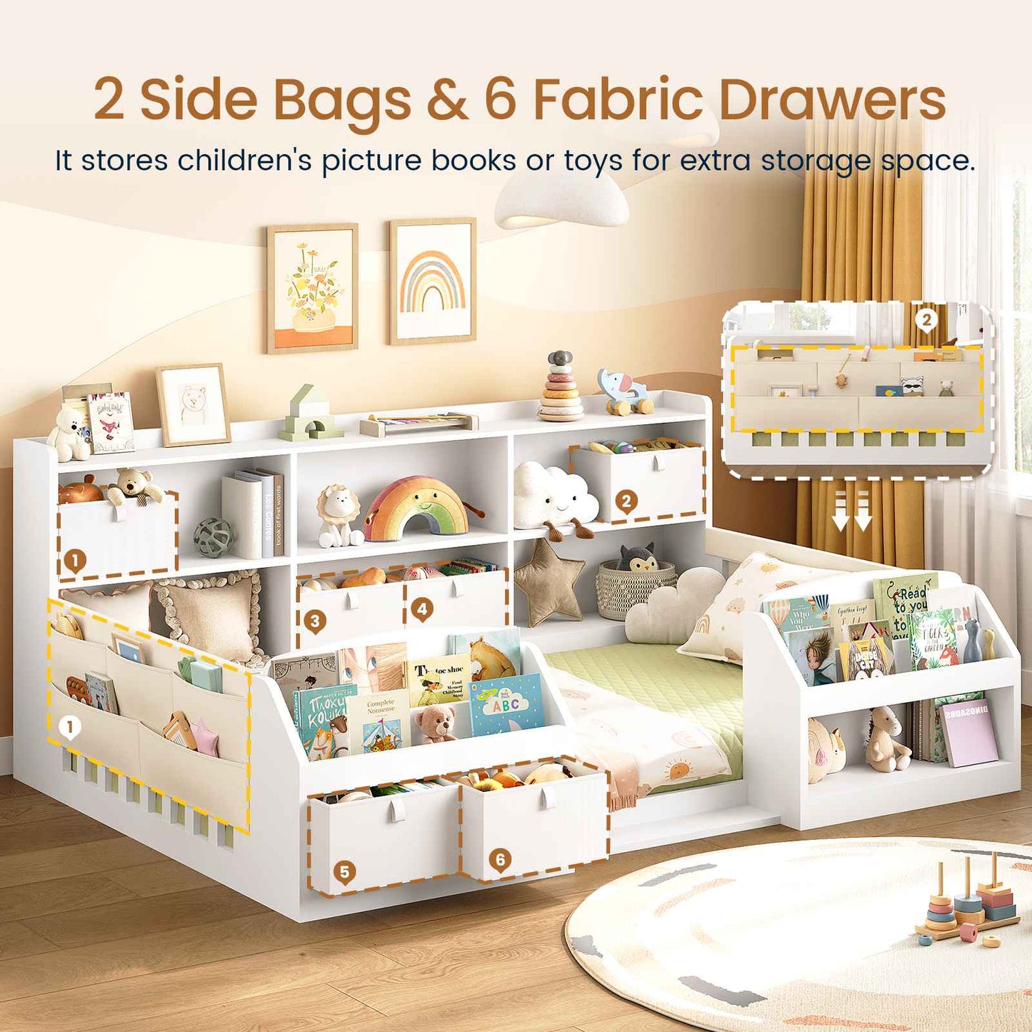 AOGLLATI Full Size Floor Wooden Montessori Bed Frame with 4 Fabric Drawers and Both Sides Bookshelves 2-Tier Side Shelf Side Pockets and Rails