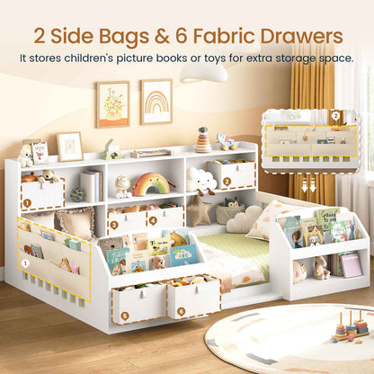 AOGLLATI Full Size Floor Wooden Montessori Bed Frame with 4 Fabric Drawers and Both Sides Bookshelves 2-Tier Side Shelf Side Pockets and Rails